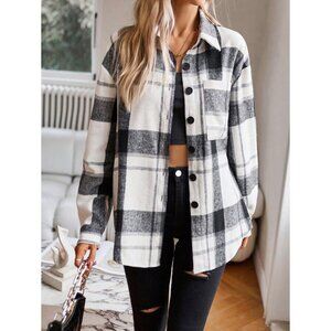 Plaid black white button down trucker jacket shacket shirt